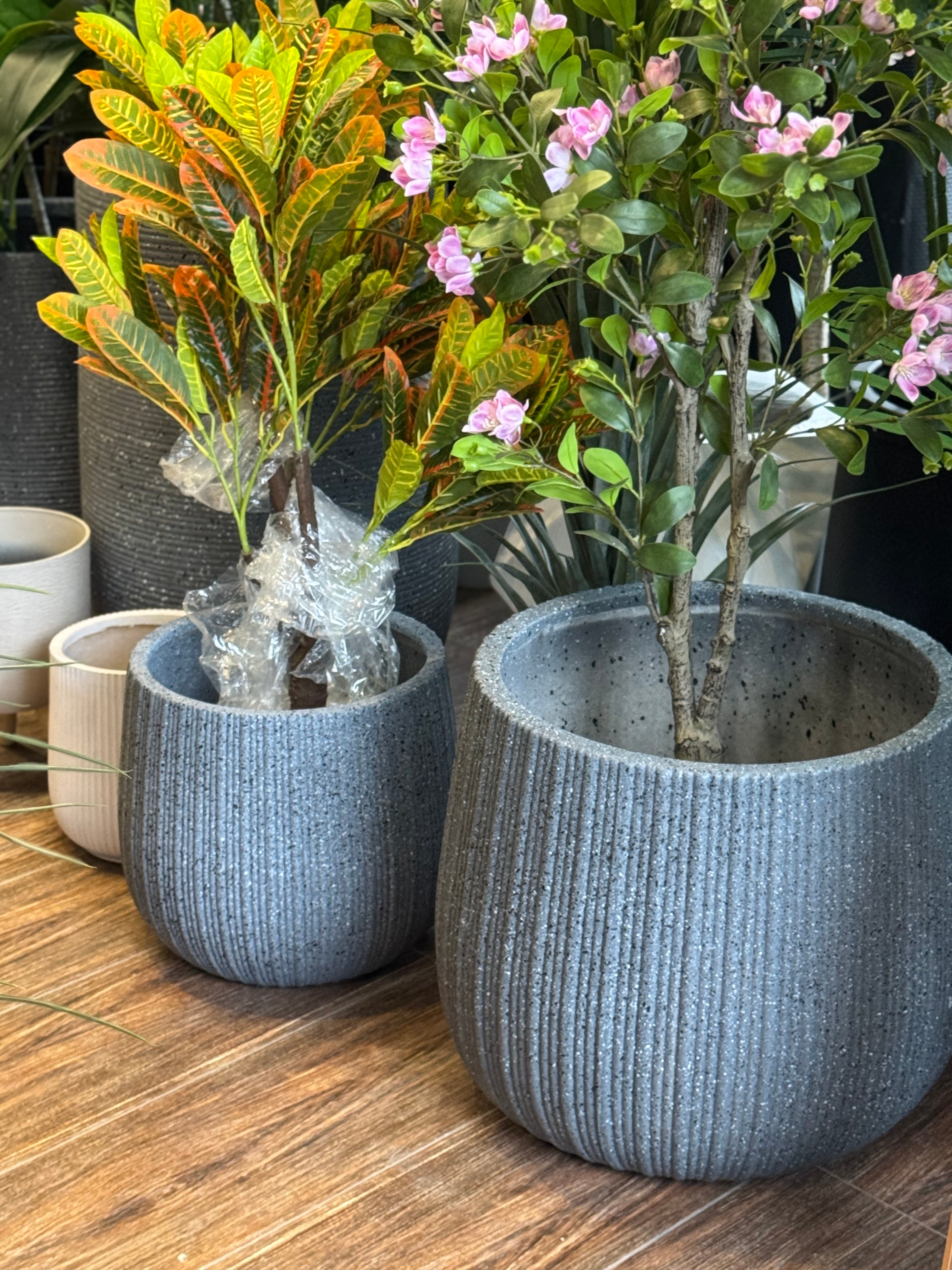 Modern Ribbed Terrazzo & Speckled Fiberstone Planters