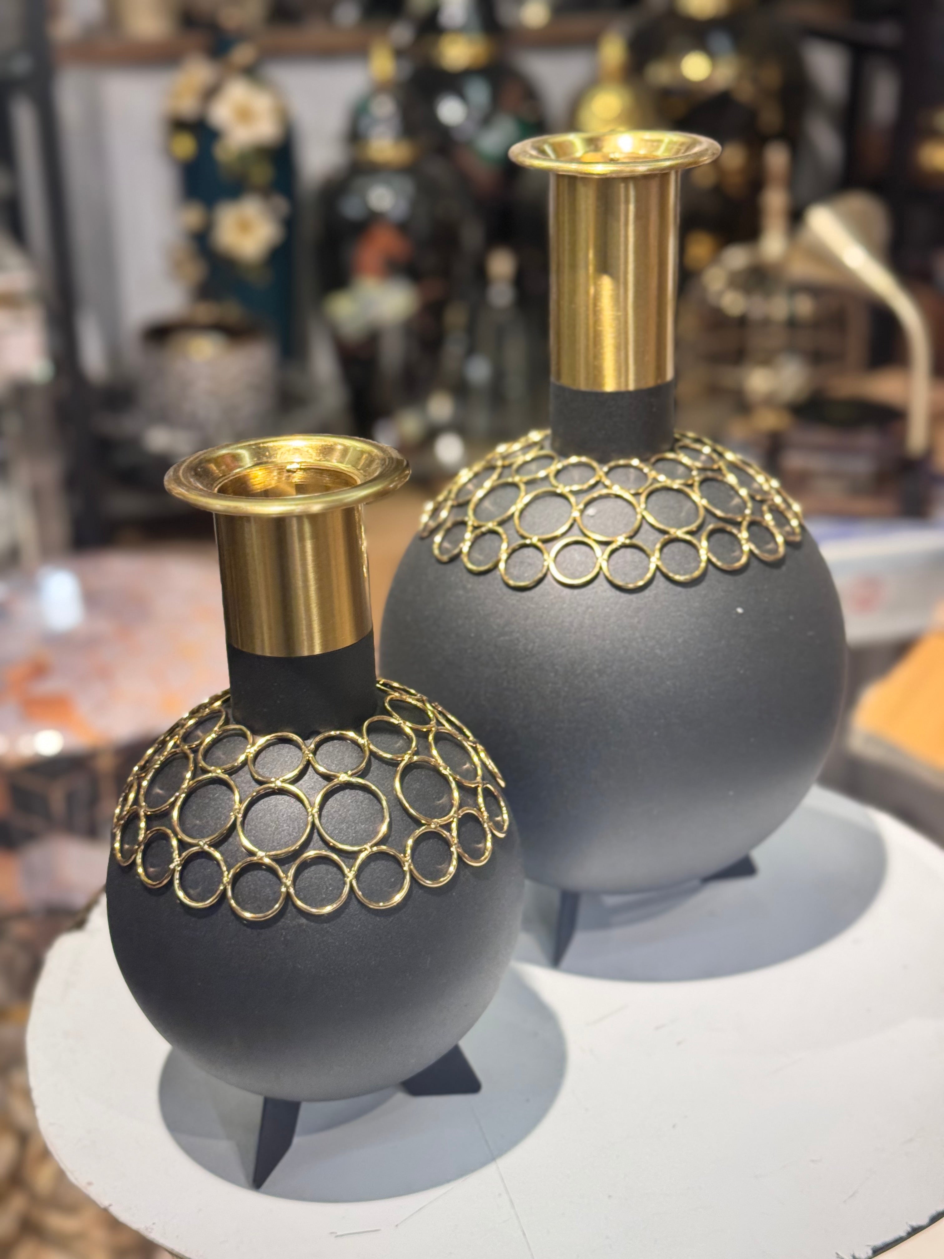 Black & Gold Ribbed Metal Vase Set-Modern Luxe Decor (set of 2)