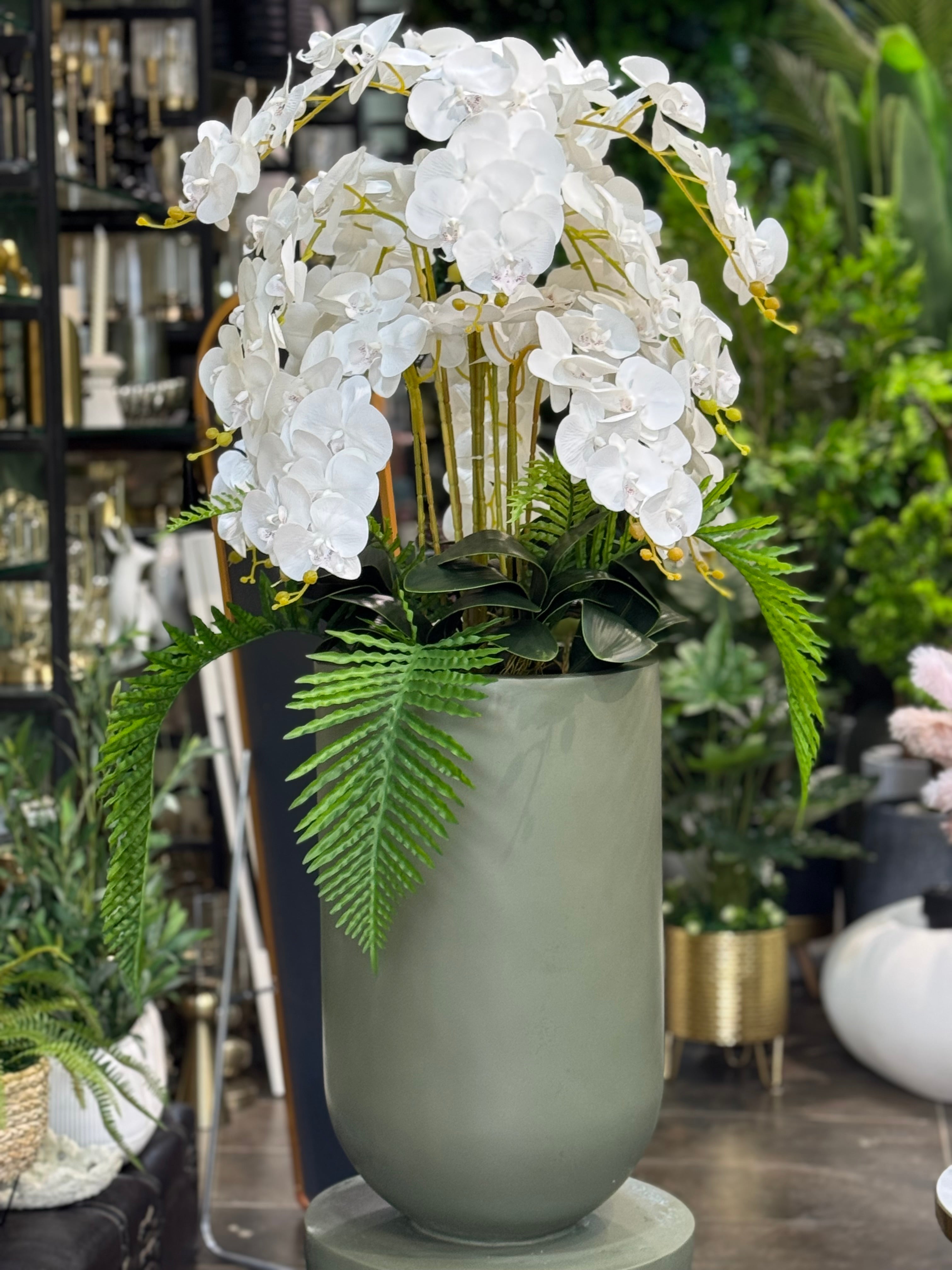 Exquisite Large Artificial White Orchid Arrangement in Contemporary Green Pedestal Planter