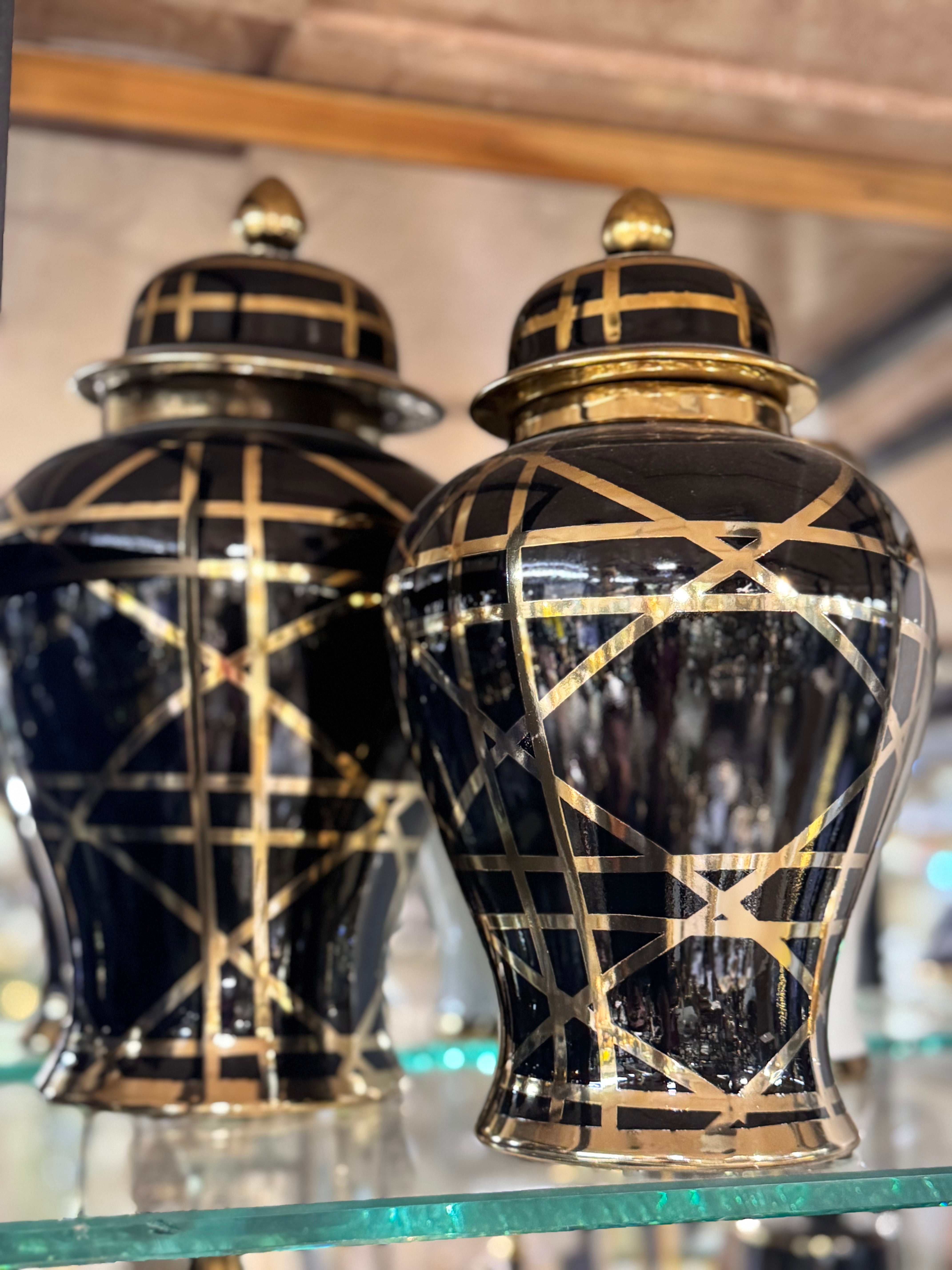 Black and Gold geometric Ceramic Ginger Jar set of 2