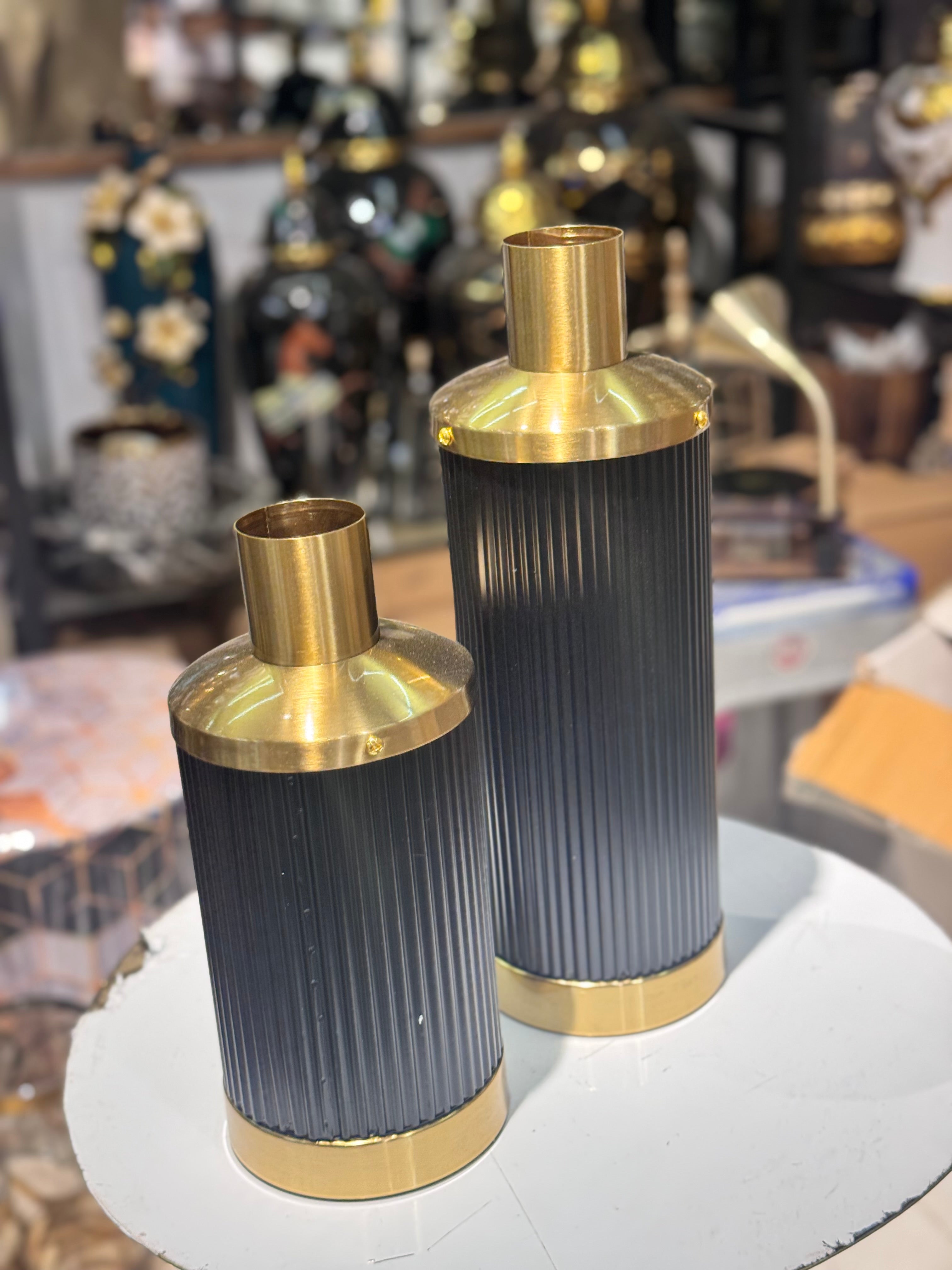 Black & Gold Ribbed Metal Vase Set-Modern Luxe Decor (set of 2)