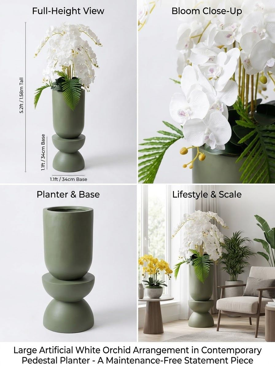 Exquisite Large Artificial White Orchid Arrangement in Contemporary Green Pedestal Planter