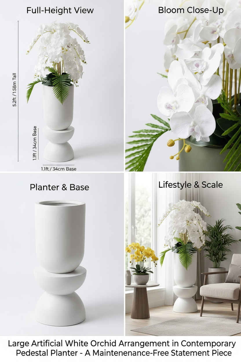Exquisite Large Artificial White Orchid Arrangement in Contemporary Green Pedestal Planter