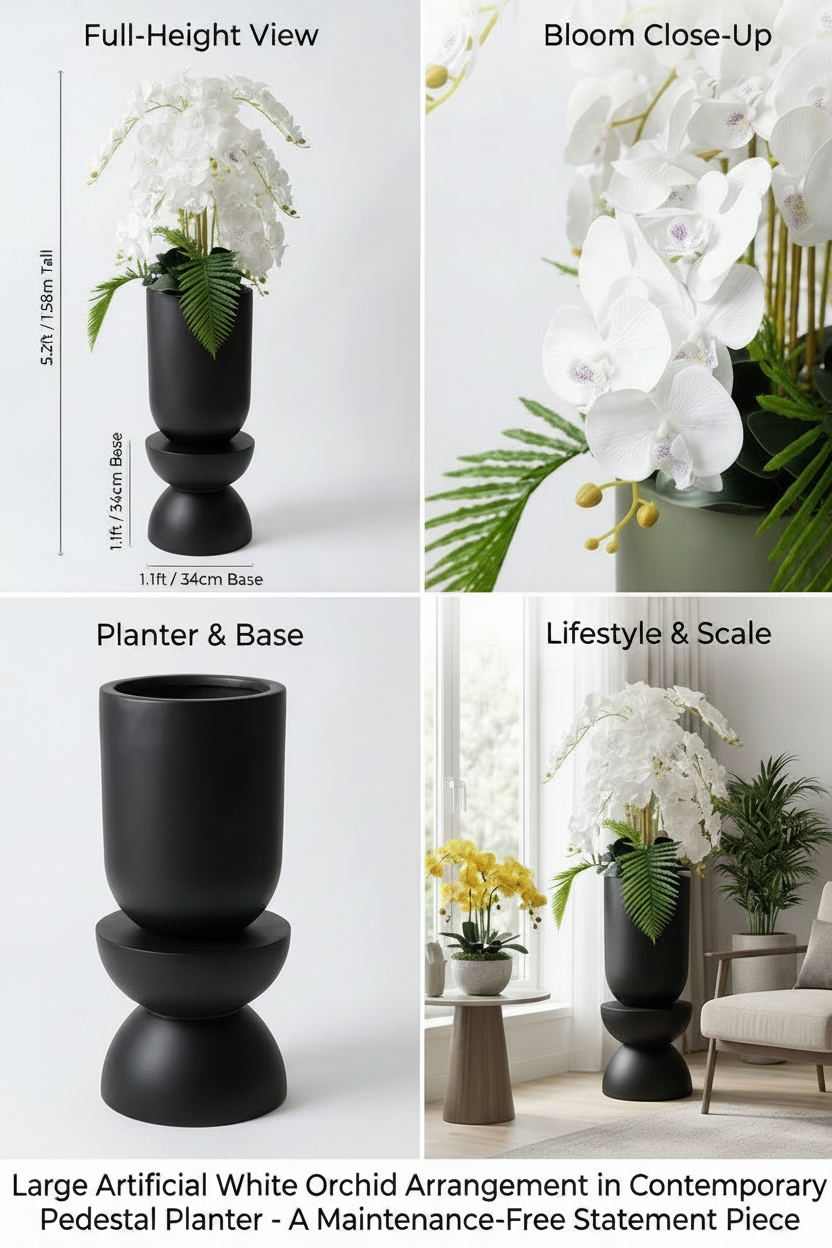 Exquisite Large Artificial White Orchid Arrangement in Contemporary Green Pedestal Planter