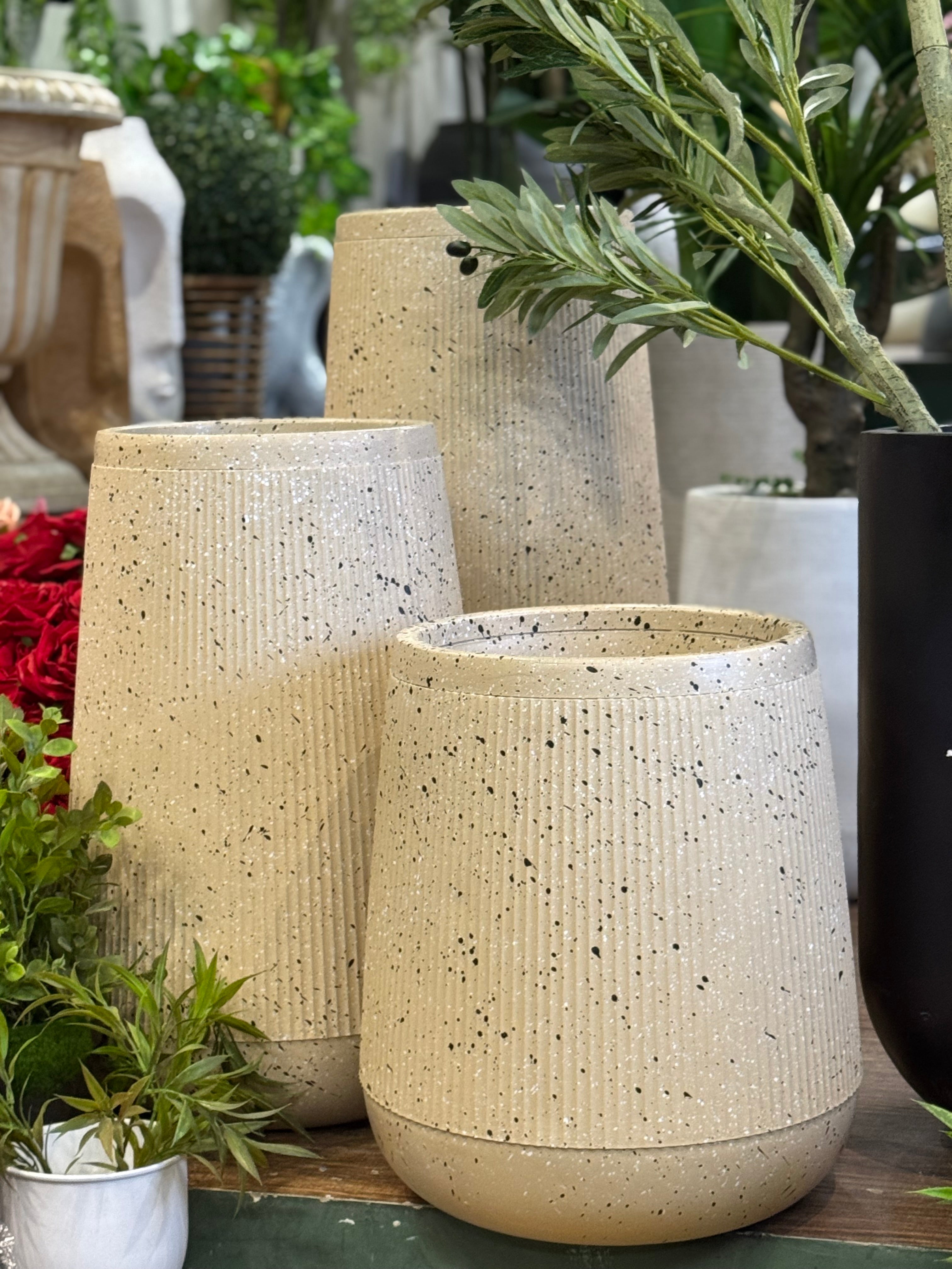 Modern Ribbed Terrazzo & Speckled Fiberstone Planters
