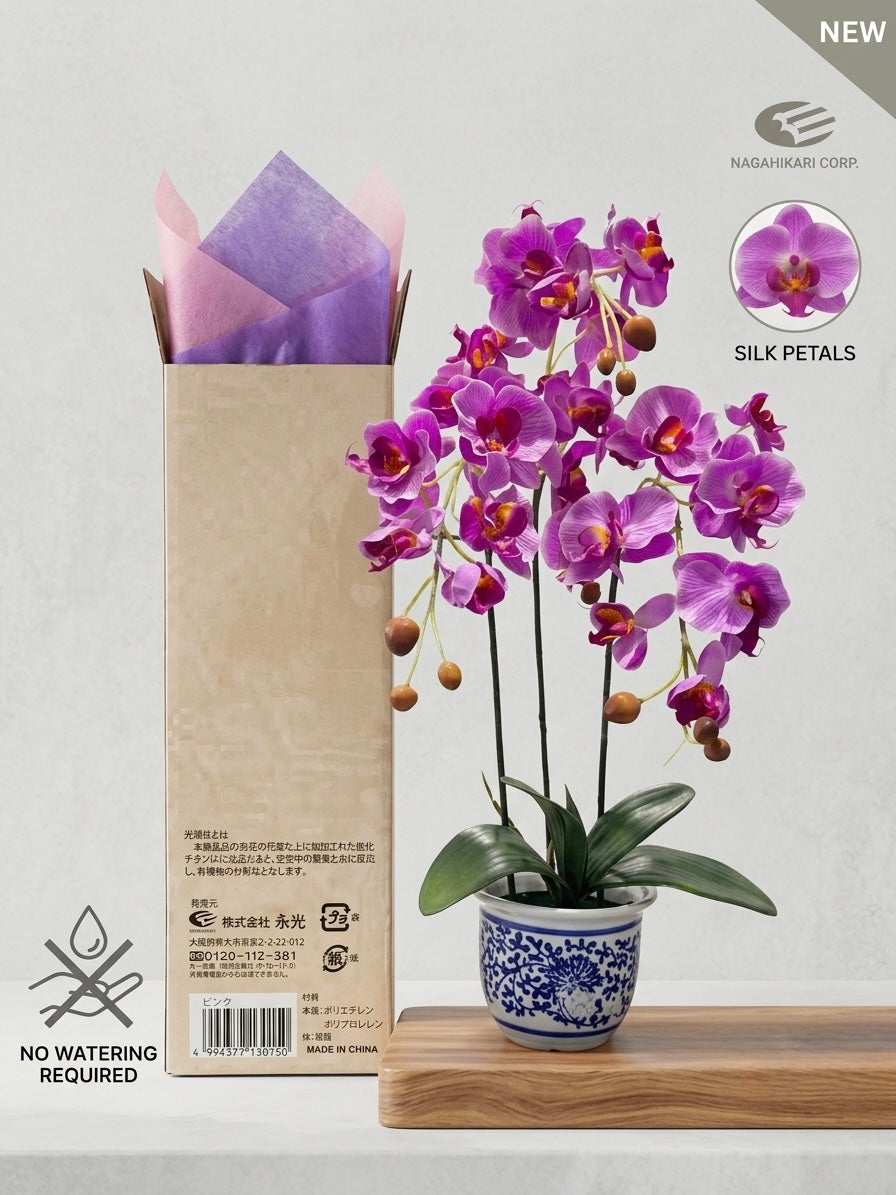 Premium Artificial Magenta Phalaenopsis Orchid with Blue Ceramic Bowl