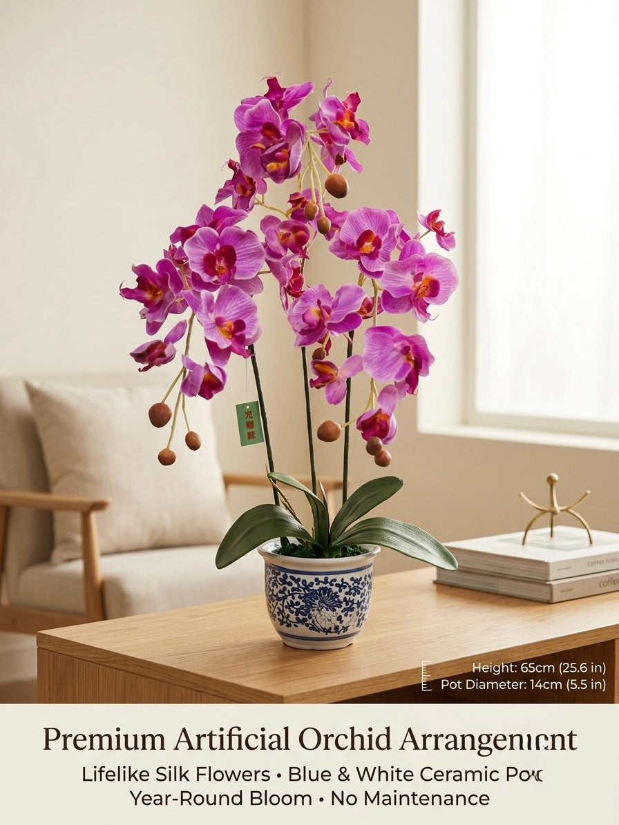 Premium Artificial Magenta Phalaenopsis Orchid with Blue Ceramic Bowl