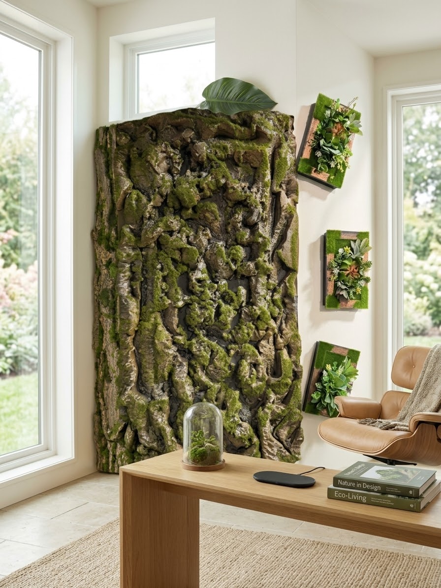 Artificial Succulent & Moss Wall Art – Framed Vertical Garden Panel with Light Oak Stand
