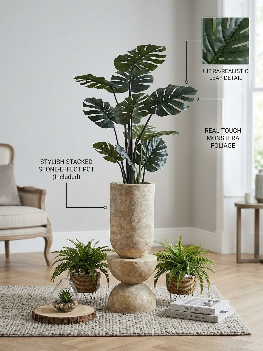 Artificial Monstera Plant with Sculptural Stacked Stone-Look Planter