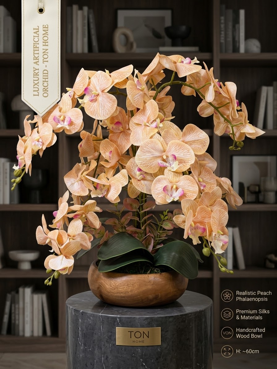 Peach Phalaenopsis with wooden bowl