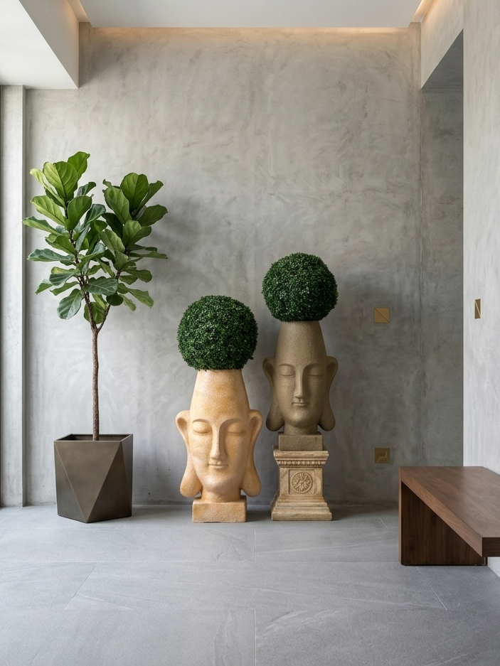 Buddha Head Planter Set with Boxwood Topiary