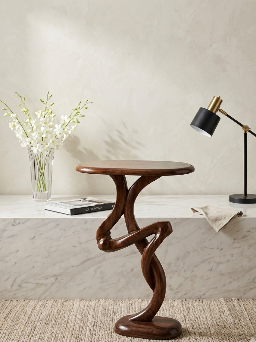 Sculptural Wood Accent Table – Handcrafted Twisted