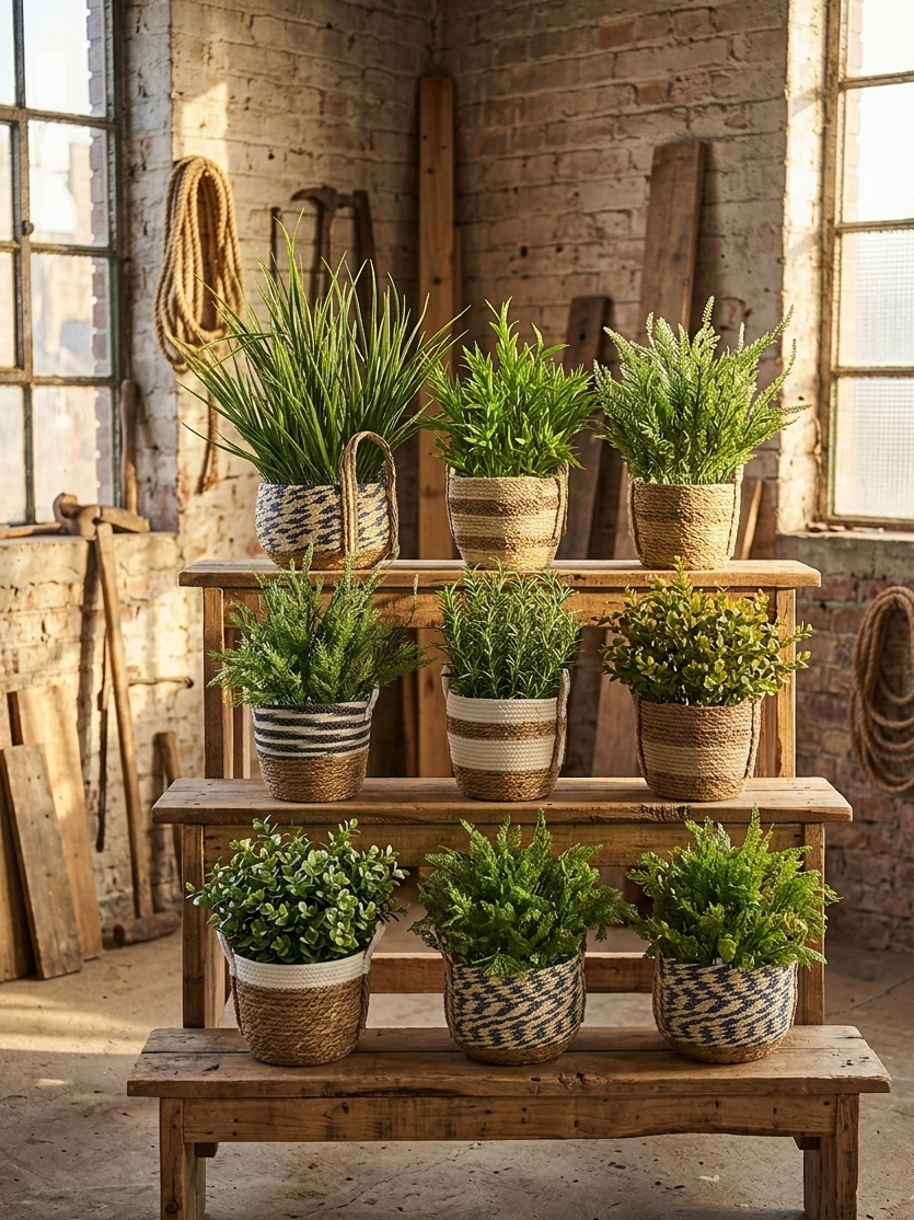 Artificial Potted Plant with Faux Greenery in Woven Jute Basket