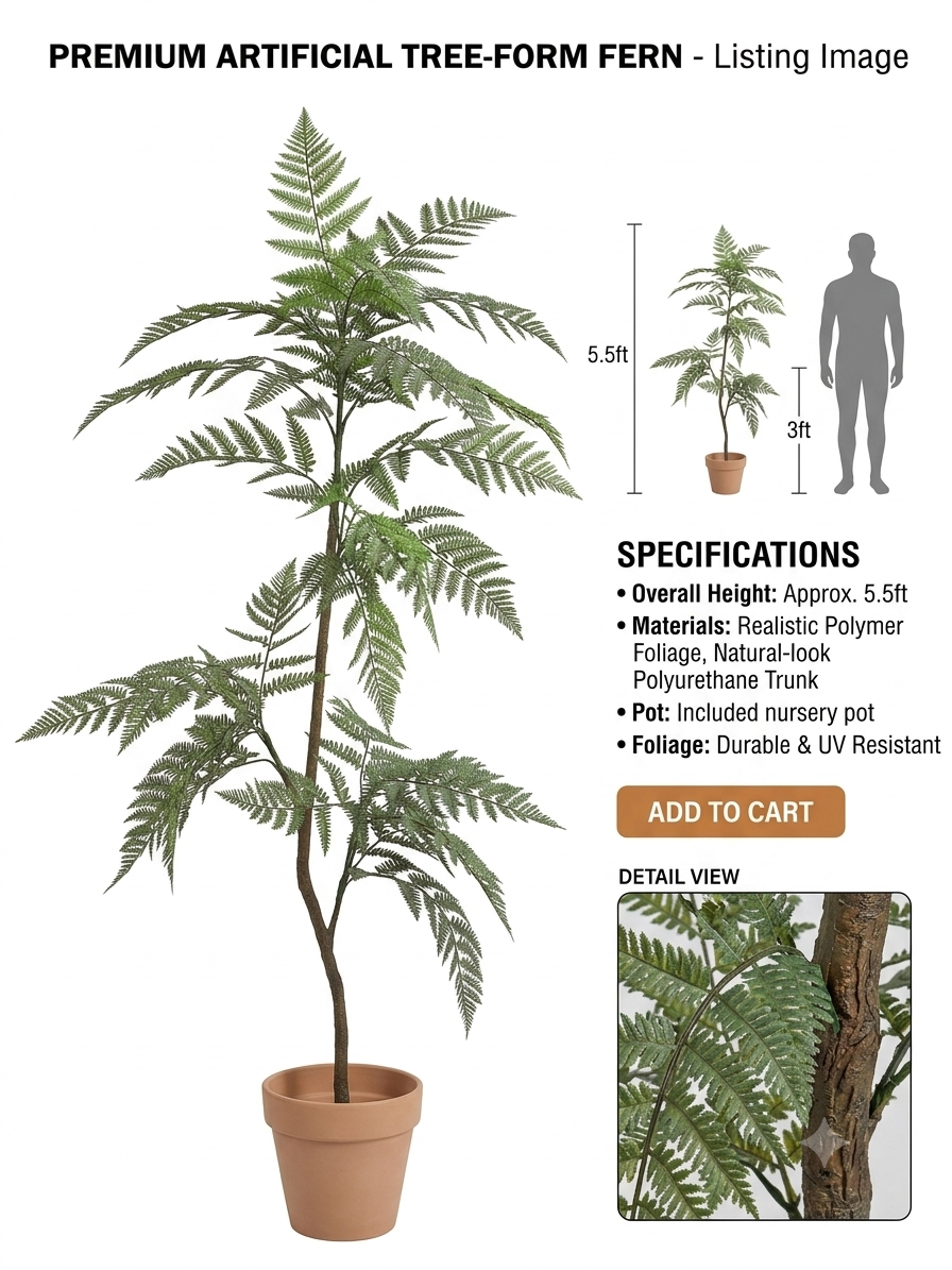 Premium Artificial Tree-Form Fern with Modern White Round Pot