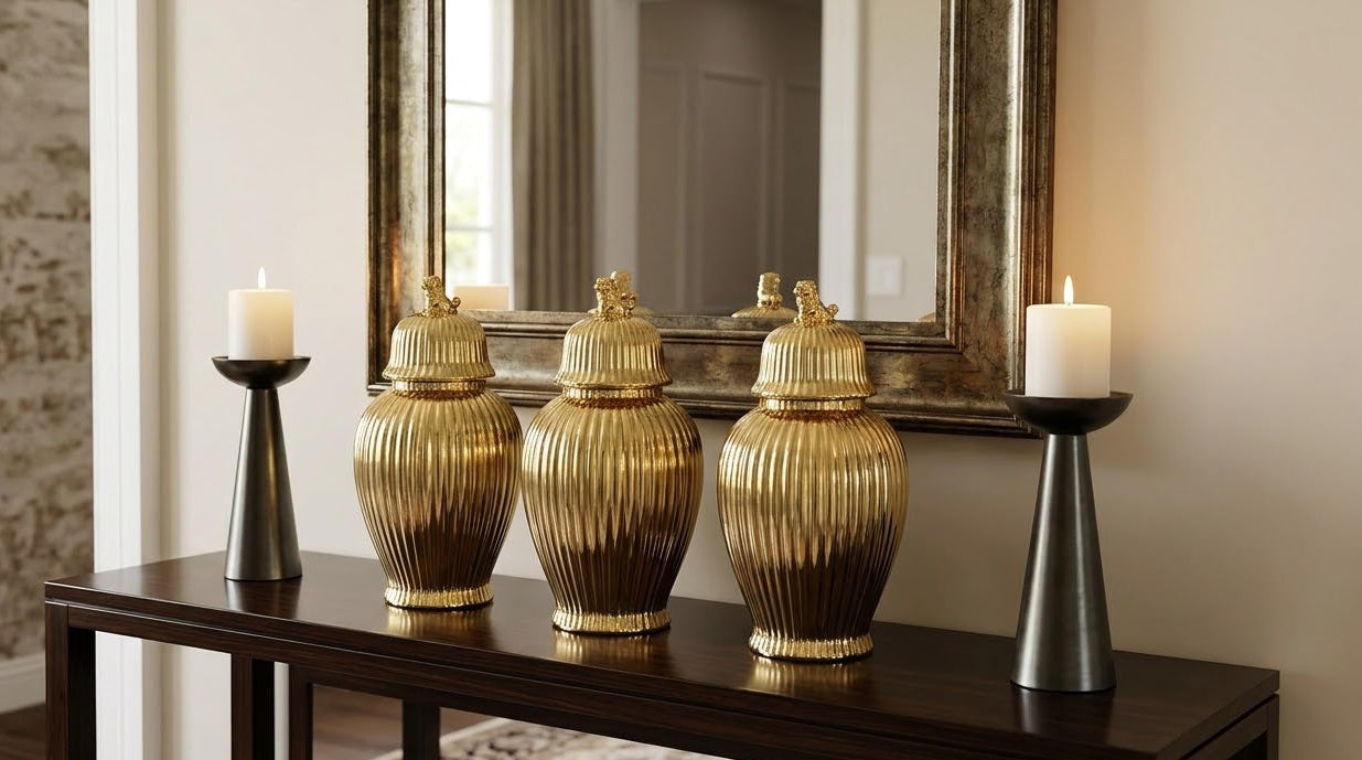 Opulent Gold Ribbed Temple Jars