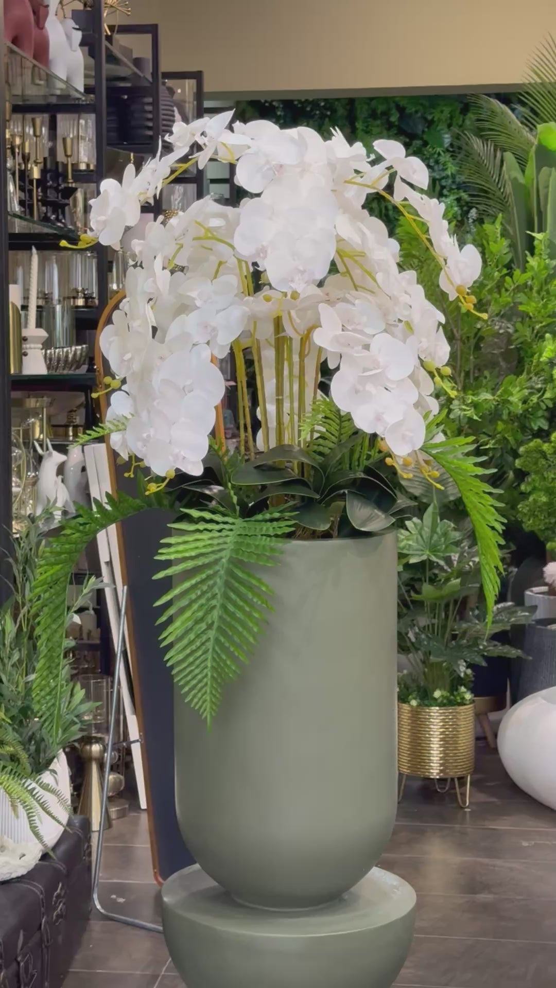 Exquisite Large Artificial White Orchid Arrangement in Contemporary Green Pedestal Planter