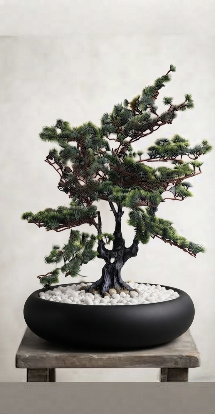 Minimalist Zen Artificial Bonsai Tree in Matte Black Ceramic Pot