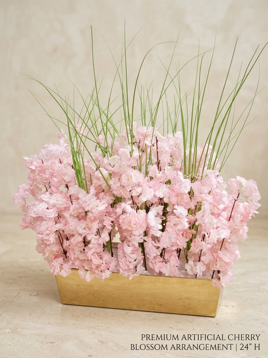 Premium Artificial Cherry Blossom Floral Arrangement in Gold Planter