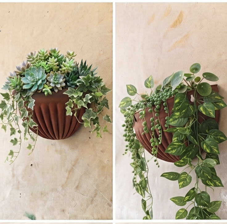 Ribbed Terracotta-Finish Plastic Wall Planter Hanging Pot
