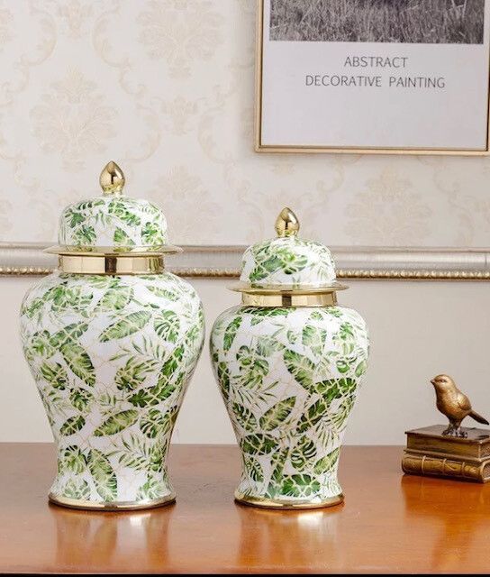 Tropical Leaf Ceramic Ginger Jar – Set of 2