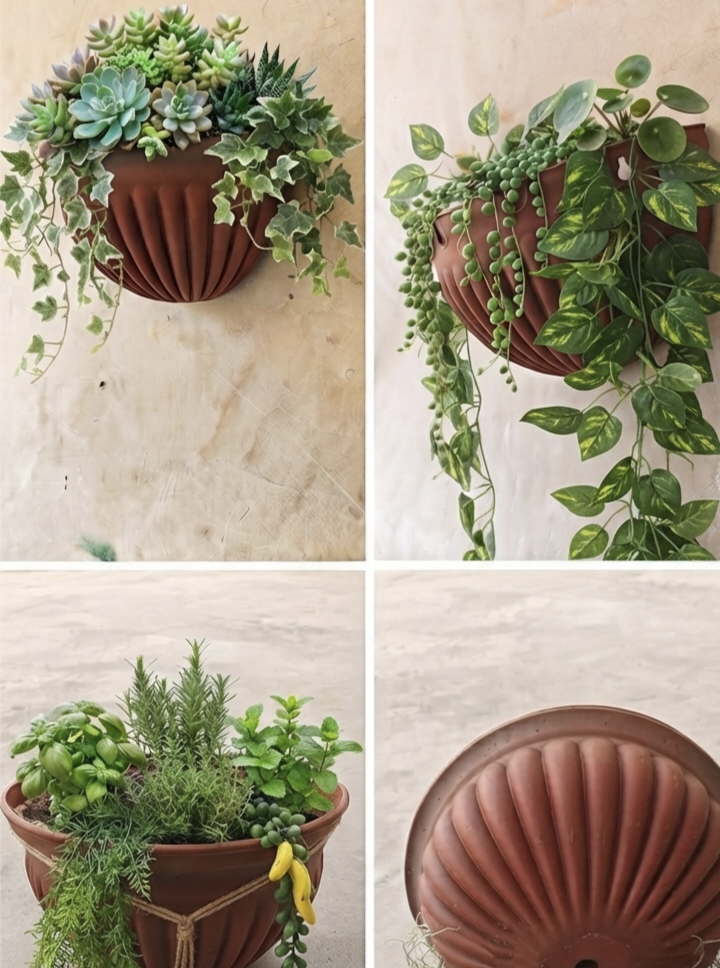 Ribbed Terracotta-Finish Plastic Wall Planter Hanging Pot