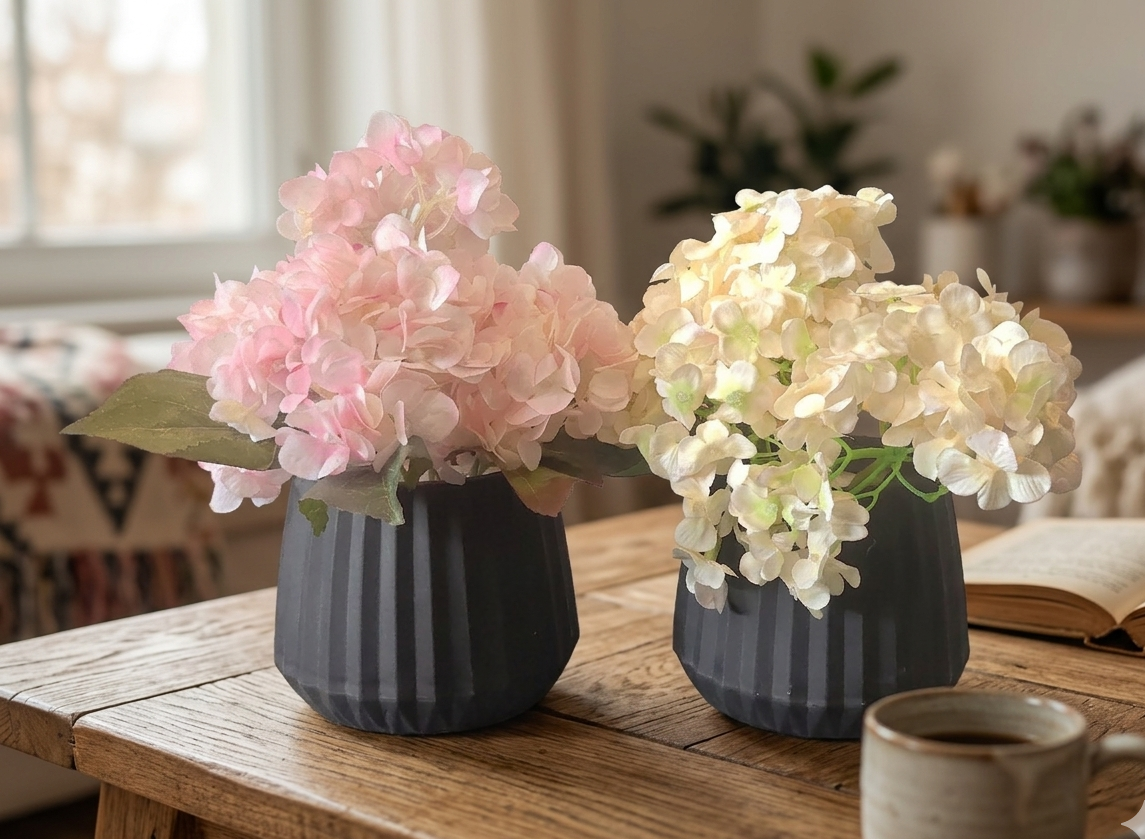 The Hydenzia Collection – Elegant Faux Hydrangea Set in Ribbed Matte Black pot