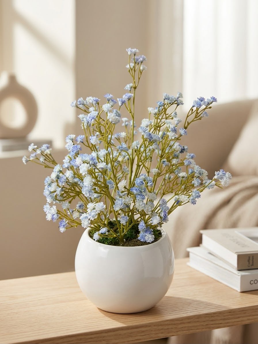 Blue Baby's Breath Artificial Plant  White Ceramic Pot
